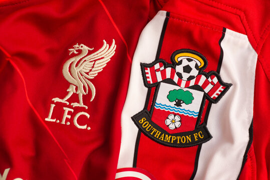 Kyiv, Ukraine. September 11, 2026. Liverpool FC and Southampton FC football club crests displayed side by side on red team jerseys