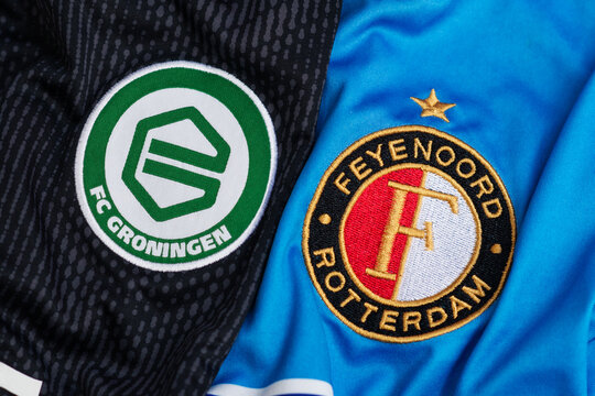 Kyiv, Ukraine. September 11, 2026. FC Groningen and Feyenoord Rotterdam football club crests displayed side by side on team jerseys