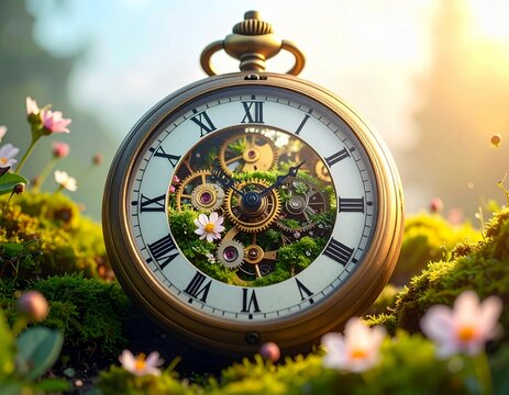 A vintage bronze pocket watch rests in a lush flower garden, with visible gears and a tiny stone pathway inside the dial, creating a magical concept of time, nature, and fantasy.