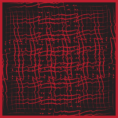 Fototapeta premium Abstract red and black grid pattern with hand drawn wavy lines on a dark textured background