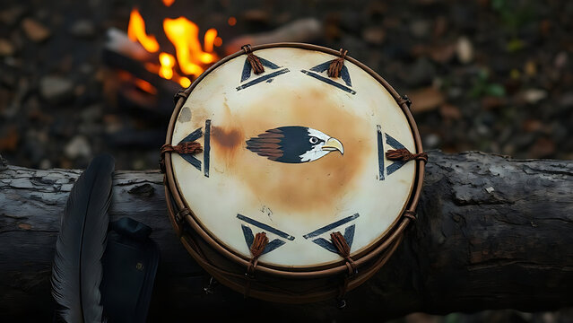 Shamanic frame drum with painted hide on birch log, spiritual and ritual tradition concept
