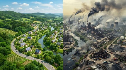 Fototapeta premium Comparison of clean green nature environment and polluted industrial city landscape with factories and heavy smoke showing contrast of earth climate