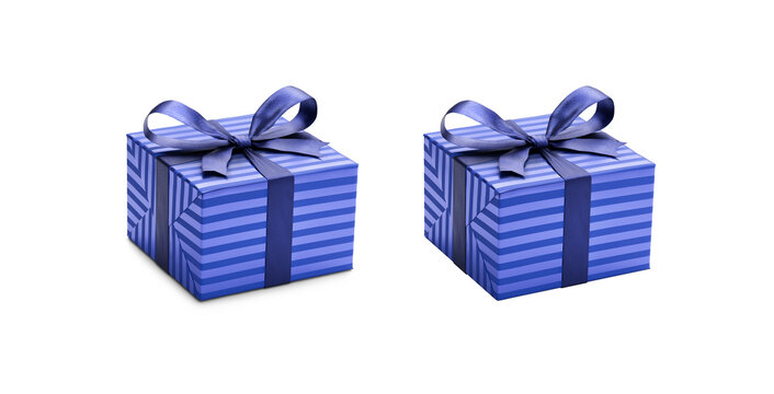Two blue and dark blue striped gift wrapped presents with navy blue ribbon bows, one with a shadow, one without isolated against a transparent background.
