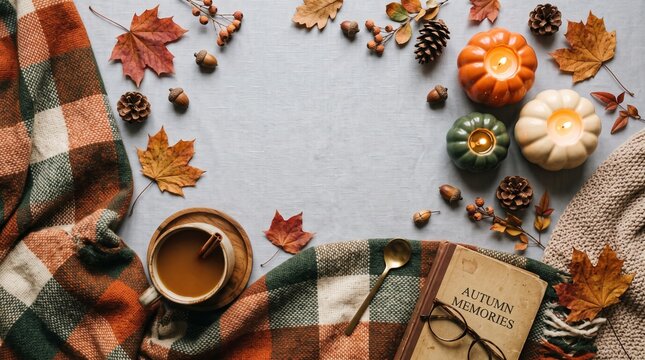 A cozy autumn flat lay featuring warm coffee, small pumpkins, and fall leaves on a rustic textured background.