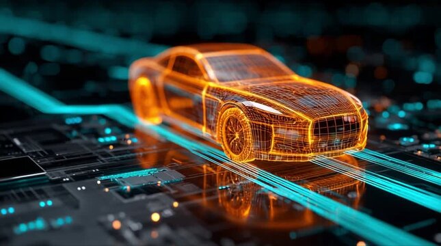 Wide front side perspective view of 3D wireframe sports car model with glowing orange mesh on cyan circuit board platform (AI Generated)