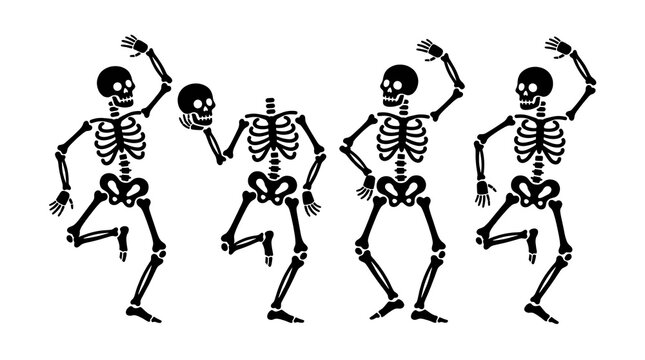 Four black skeletons dancing in a row isolated on a white background
