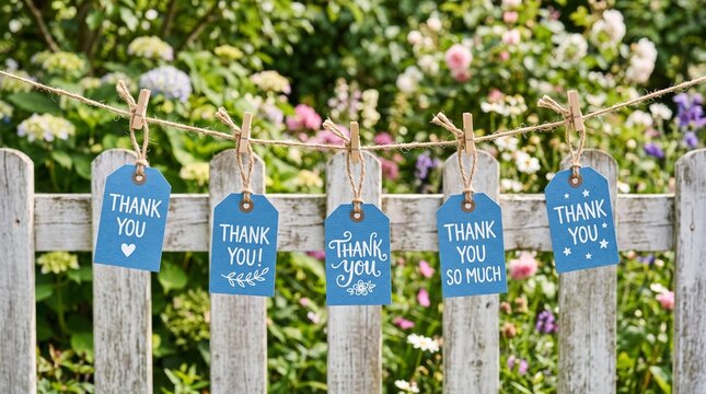 Blue Thank You tags hanging on a rustic wooden garden fence with flowers in the background