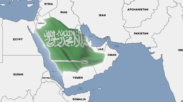 4K animation of a political map of Saudi Arabia highlighted with the colors of the Saudi national flag