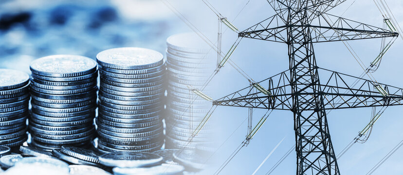 Electricity prices and power grid costs background. Stacks of coins beside high voltage transmission tower. Energy bills household expenses electricity market inflation utilities and consumer budget.