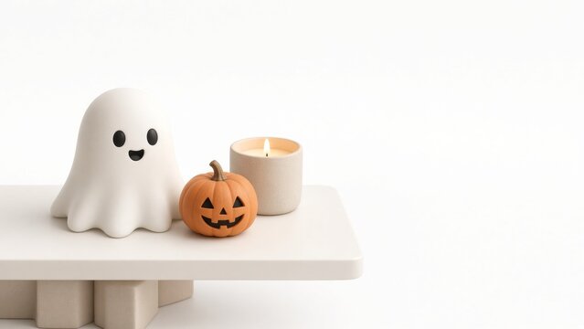 Cute ghost, jack o lantern, and burning candle creating a festive halloween decoration on a white table