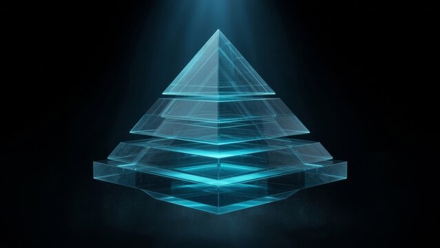 Glass pyramid structure forming a layered graph with glowing blue light, representing data, technology, and hierarchy