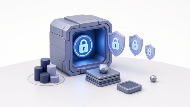 Digital security safe protecting data, ensuring privacy, cybersecurity concept with multiple shields and lock icons