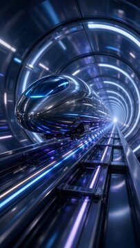 Futuristic high speed train traveling inside a glowing metallic tunnel, representing future transportation and advanced technology