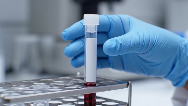 Close-up of a blood sample tube placed in a clinical laboratory rack. Professional medical footage for diagnostics, laboratory testing, blood analysis, healthcare and clinical research.
