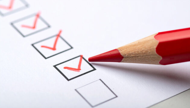 Red pencil checking final box on checklist, boxes marked with red checks, clean white paper, sharp pencil tip, organization and task completion concept. Close-up.