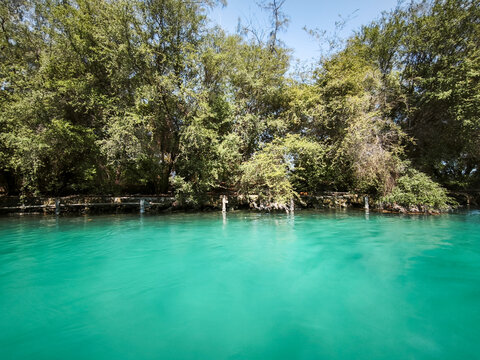 View of clear turquoise sea water with dense trees on the coast of Kepulauan Seribu island