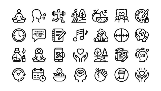 Collection of lifestyle and wellness icons featuring various healthy habits and activities