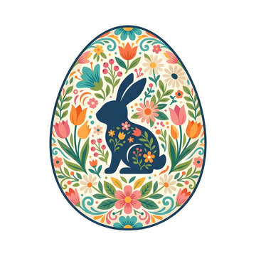 Flat Vector Illustration of a Decorated Easter Egg with Bunny and Floral Patterns