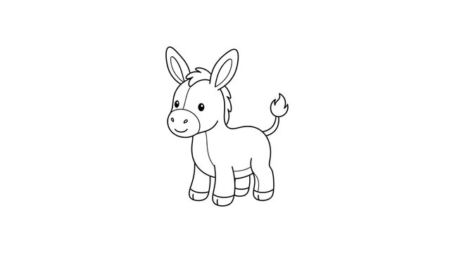Cute cartoon donkey character black and white line art drawing with illustration character monochrome creature isolated