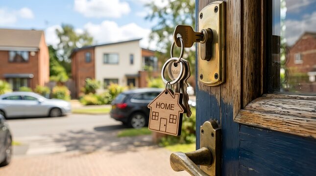 Close-up of house keys with a wooden house keychain held against a suburban residential neighborhood