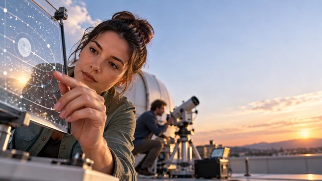 Woman maps exoplanet signals beside a compact rooftop spectrograph