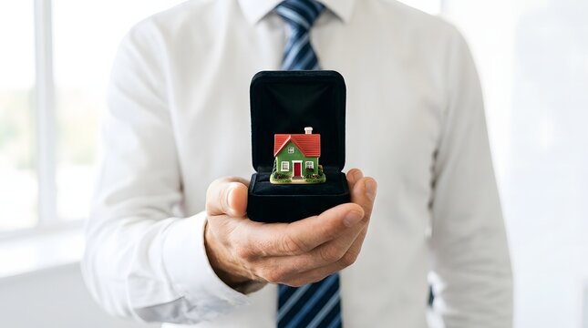 Businessman holding a small miniature house model inside a black gift box with real estate