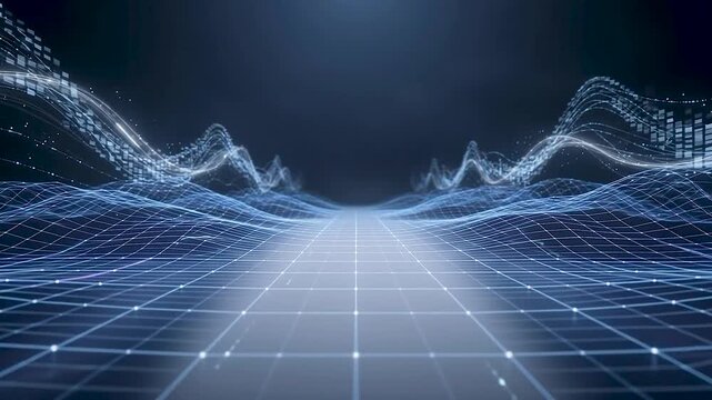 Abstract digital wireframe terrain landscape with neon light waves for tech background.
