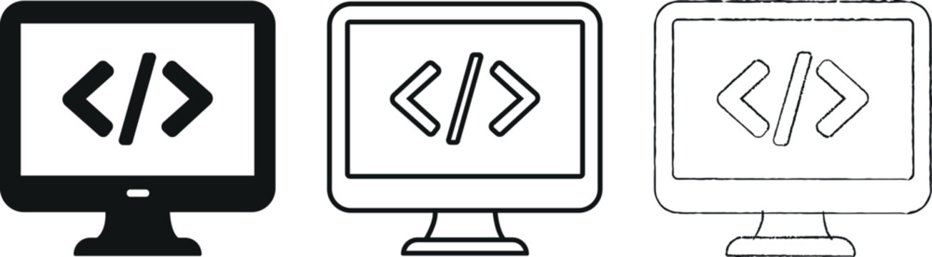 Set of computer monitor icons with coding symbols, representing web development, programming, and software engineering