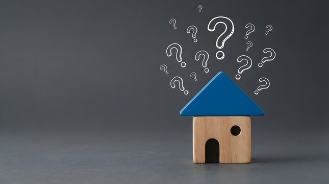 Small wooden house model with a blue roof under hand-drawn white question marks