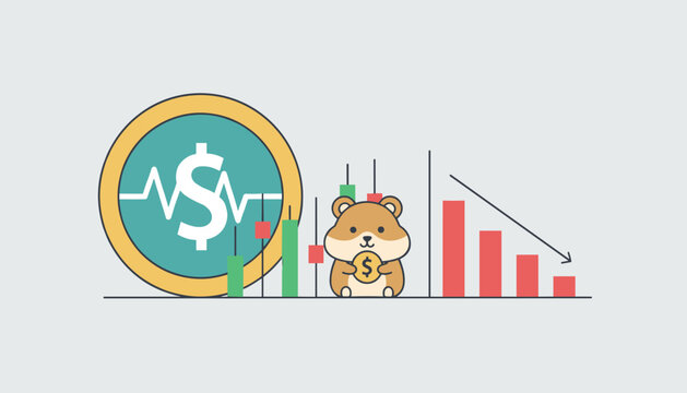 Cute hamster holding a dollar coin next to fluctuating stock market chart showing green growth and red decline trends.