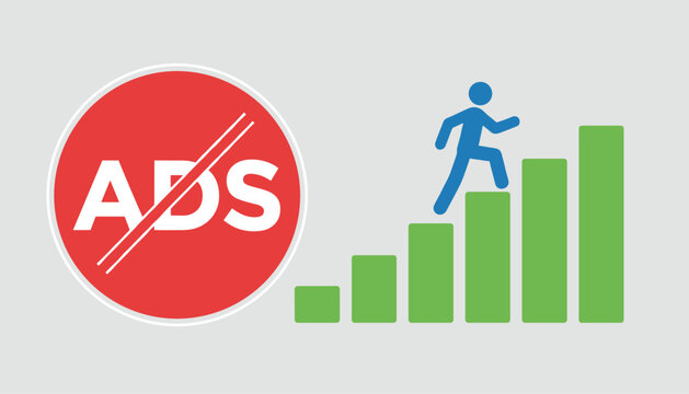 Fast website performance improvement by disabling advertisements showing runner climbing up growing steps chart.