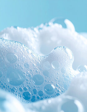 Silky bath foam with tiny translucent shampoo bubbles, pastel blue background, smooth organic shapes, elegant hygiene and skincare concept. Close-up.