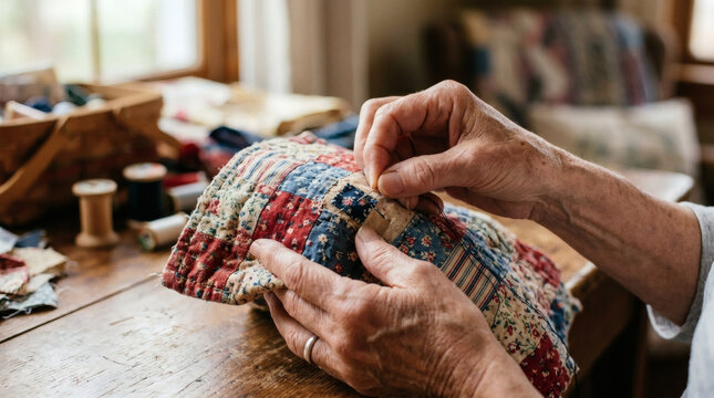 Elderly hands sewing a handmade quilt with needle and thread on a wooden table