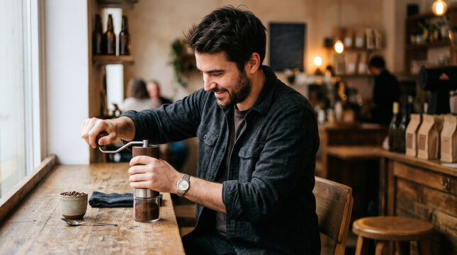 Man grinding coffee beans in a cafe with a manual grinder
