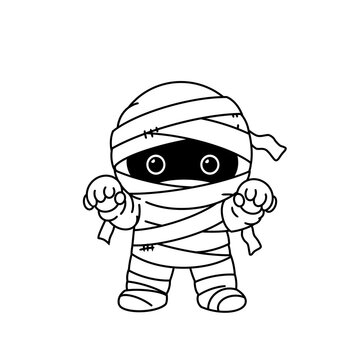 全身に包帯を巻いた丸い目のミイラ（白黒）