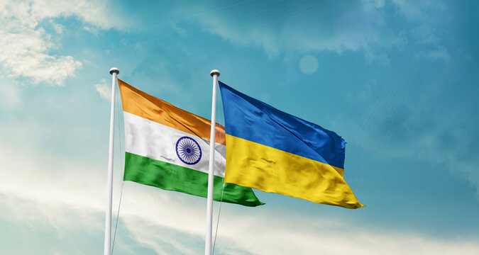 Ukraine Ukraine friendship flags are waving in the sky. Two country flag for agreement or deal. Ukraine Ukraine national flag for commitment.