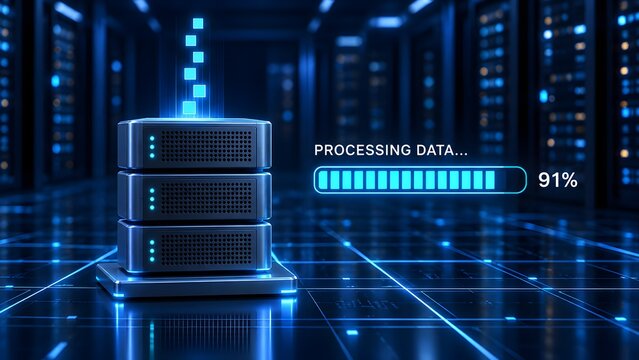 Cloud computing infrastructure and data processing concept with server rack and futuristic glowing loading bar