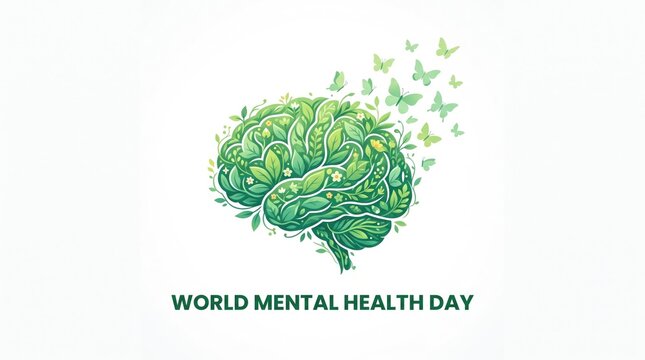 A vibrant watercolor brain illustration filled with lush green leaves symbolizing growth and positive mental wellbeing for awareness campaigns