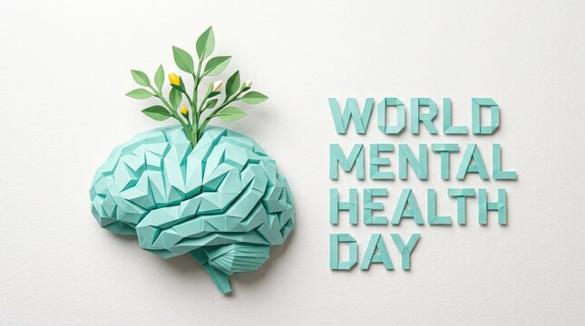 A vibrant conceptual image symbolizing world mental health day featuring a brain form overflowing with lush growing green plants and new life