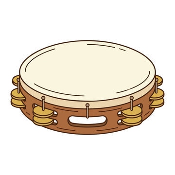 Traditional wooden tambourine percussion musical instrument with metal jingles