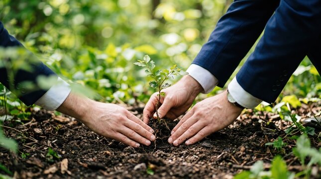 Close-up of business people planting a young tree sapling in soil, symbolizing environmental sustainability, corporate social responsibility, and future growth.