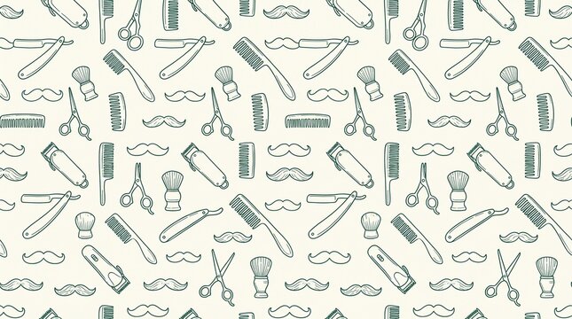 Barber Shop and Mens Grooming Minimalist Line Art Seamless Pattern