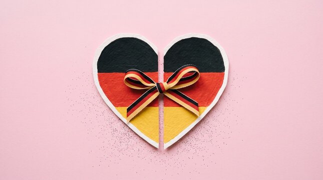 German flag heart with ribbon on pink background, patriotic Germany symbol for unity and national pride, paper craft heart shape