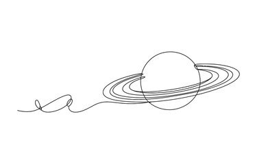 Continuous single line drawing of planet saturn with rings and a small spaceship flying nearby in space © Khitish