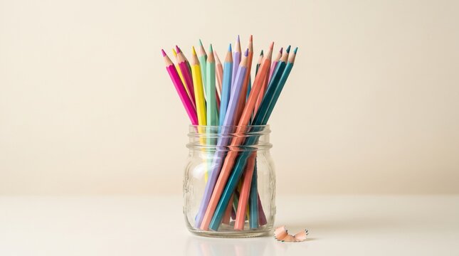 Pastel colored pencils in glass jar, rainbow drawing supplies on white desk, artistic stationery for creative education