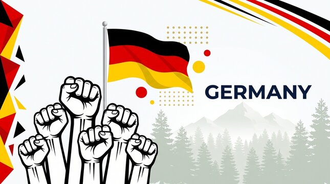 Germany national flag with raised fists, patriotic German unity concept, black red gold banner with mountain landscape and forest