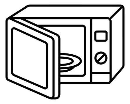 Line art icon of an open microwave oven with a plate inside