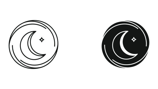 Crescent moon and star icon set in outline and solid black styles with weather icon
