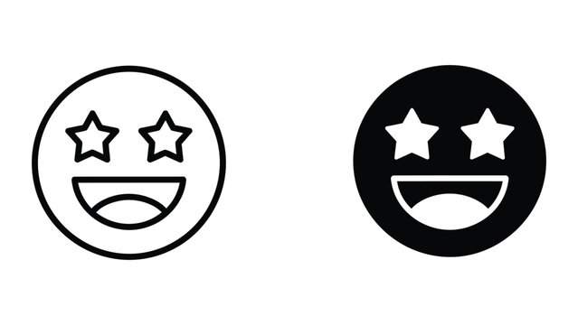 Starry eyed smiling emoji icon set in outline and solid black graphic styles