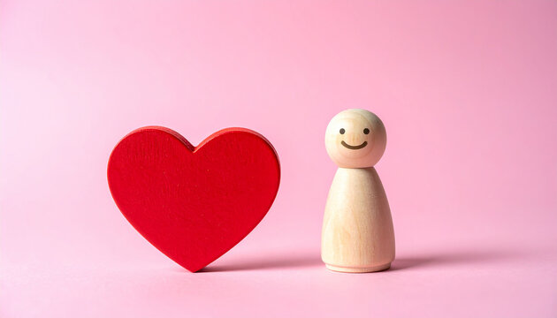 Red heart beside small wooden human figure, pink background. Mental wellbeing, family support and emotional care. Close-up.